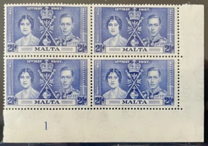 1937 George VI Malta Coronation 2 1/2d blue block of 4 - mint never hinged - Picture 1 of 2