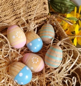 Gisela Graham Easter Spring Wooden Egg Decorations Box of 6 eggs pastel spot - Picture 1 of 1