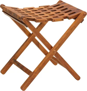 Mosaic Folding Stool in Solid Teak Wood, Brown - Picture 1 of 7