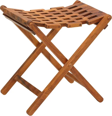 Mosaic Folding Stool in Solid Teak Wood, Brown - Image 1 of 4