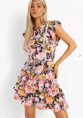 BOOHOO ~ Size UK 12 Floral Ruffle Mini Skater Dress ~ BRAND NEW WITH TAGS     B3 - image 1 of 4