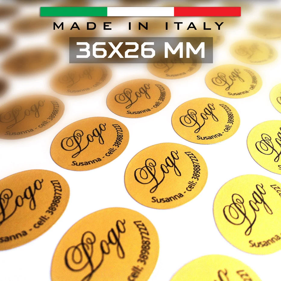 50 Etichette adesive personalizzate bollini 36X26 MM - Colore oro, argento - Immagine 1 di 3