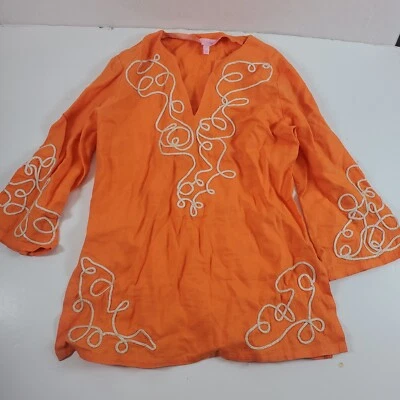 Lilly Pulitzer women top Tangerine Orange Seabreeze Linen Caftan Tunic - Image 1 of 4