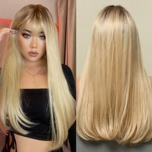 Long Straight Wig Ombre Brown Blonde Golden Synthetic Wigs with Bangs for Women - Picture 1 of 19