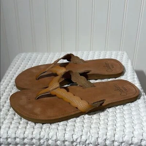 Reef Cushion Tan Leather Flip Flop Thong Scalloped Sandals Size 7 - Picture 1 of 5