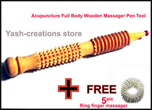 Acupressure Body Wooden Massager Pen tool for hands & foot + 5 pics ring massger