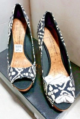 CHRISTIAN SIRIANO Negro/Crema KATE Peep Toe Plataforma Tacón de Corcho 4" Talla 8 Nuevo en Caja Foto 1 de 4