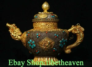 Antigua filigrana tibetana de 14" oro plata gemas budismo dragón mango olla de vino bandera - Imagen 1 de 9