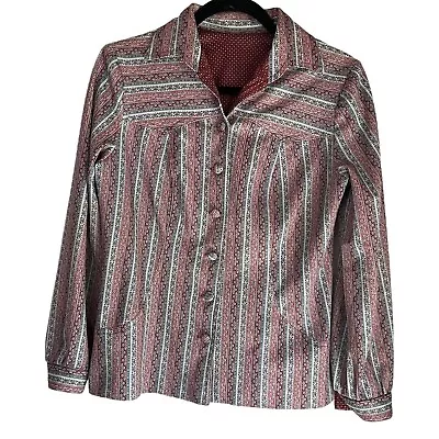 Camisa vintage años 70 hecha a mano para mujer talla pequeña/mediana con botones floral a rayas pri Foto 1 de 4