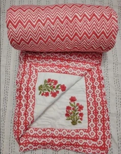 Pink Floral Block Print Razai Quilt, Handmade Blanket Throw Jaipuri Rajai Cotton - Picture 1 of 4