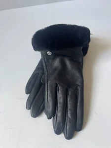 NWT Ugg Classic Leather Shorty Shearling Trim Gloves ~ Black ~ S - Picture 1 of 5