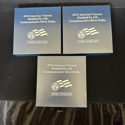 2010 - AMERICAN VETERANS DISABLED FOR LIFE SILVER DOLLAR / SET OF 3 BOX + COA - Image 1 of 4