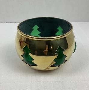 Solid Brass Tree Pierced Votive With Green Glass 3.5" tall 3.75" diameter - Picture 1 of 13