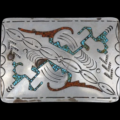 Nativo Americano N Plata Turquesa Coral Incrustación Suroeste Vaquera De Colección Hebilla de Cinturón Foto 1 de 3