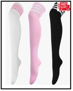 3 pares de calcetines hasta el muslo a rayas delgados sobre la rodilla 3 pares C: blanco/rosa/negro - Imagen 1 de 2