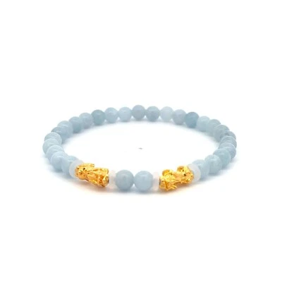 18K Gold Pixiu Double Piyao Bracelet Gemstones March Birthstones Aquamarine 6mm - Изображение 1 из 4