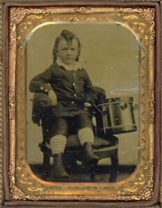LONG HAIR BOY AND BIG DRUM CASED QUARTER PLATE TINTYPE ANTIQUE PHOTO