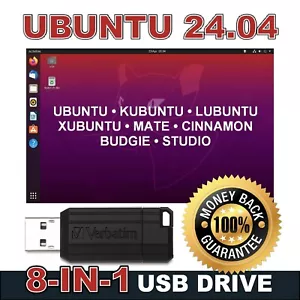8-IN-1 UBUNTU LINUX USB 24.04.1 LTS Multi-Boot 64bit Live OS 64GB USB Drive - Picture 1 of 9