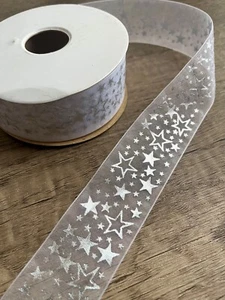 1 1/2” White Organza Sheer Ribbon with Metallic Silver Stars Spool 25 yds - Picture 1 of 2