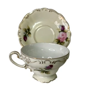 Occupied Japan MK Wreath Hand Paint  Pink Cabbage Roses Tea Cup & Saucer - Picture 1 of 7