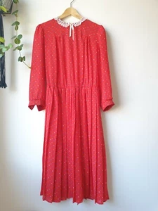 Vintage 70s 80s Red Secretary Dress Peter Pan Collar M - Picture 1 of 7