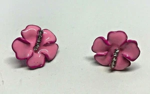 Vintage Ceramic Enamel Pink Flower Rhinestone Diamante Earrings 1980' - Picture 1 of 3