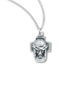 Sterling Silver Saint Jesus Christ Cross Head Pendant Medal Necklace w/ Chain - Picture 1 of 2