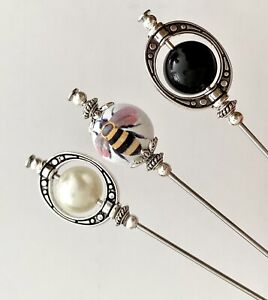 3x Hat Pins Ceramic Bumble Bee, Pearl, Onyx  5” long Hat Pin, Scarf Pin,