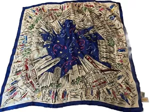 VTG Talbots NYC Skyline 2000 100% Silk Scarf In Blue Japan 27” X 27” Millennium - Picture 1 of 8