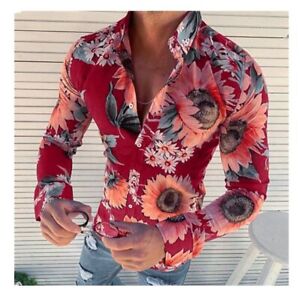 Men's Sunflower T-Shirts Top Holiday Tee Casual Lapel Floral Shirts Long Sleeves