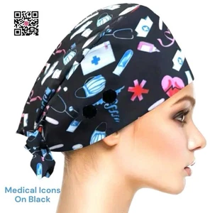 Work Cap Medical Chef Painter Unisex Polyester OSFM “Medical Icons On Black” - Picture 1 of 7