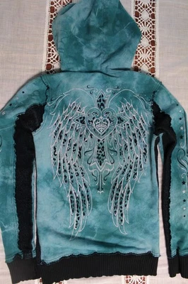 Women’s Affliction Sinful Heart Hoodie Small Angel Wings Teal Black Glitter 💎✨ - Image 1 of 4