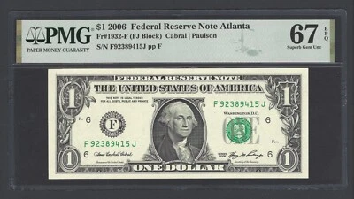 United States-Federal Reserve 1 Dollar 2006 Fr#1932-F (FJ Block) UNC Grade 67 - Image 1 of 2
