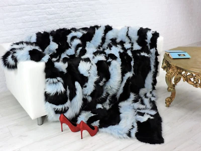 Luxuriöse Echte Fuchswurfdecke König Größe Schwarzer Blauer Fuchsfellwurf 117 - Bild 1 von 4