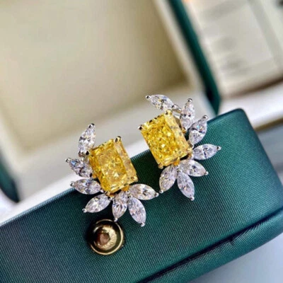 Rectangle White Topaz Yellow Citrine Mix Color Gems Woman Cute Stud Earrings New - Image 1 of 4