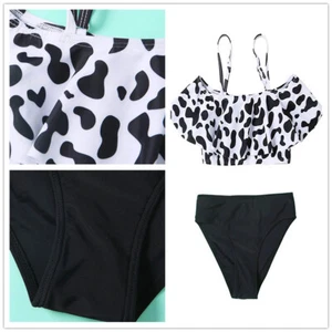 Kids Girls Swimwear Cow Print Beachwear Flounce Swimsuit Holiday Bikini Sexy - Picture 1 of 19