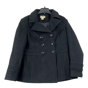 St. John's Bay Peacoat Women's L Black Notch Lapel Double Breasted Wool Blend - Picture 1 of 15