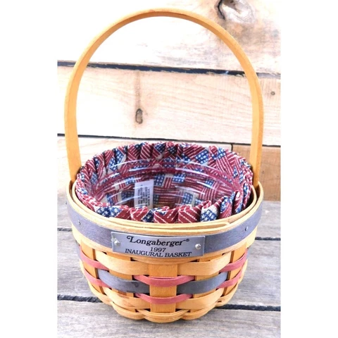 Longaberger 1997 Inaugural Basket With Flag Print Liner Plastic Insert Cover