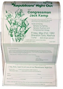 1982 Spring Republicans’ Night Out with Congressman Jack Kemp Political Flyer - Bild 1 von 4