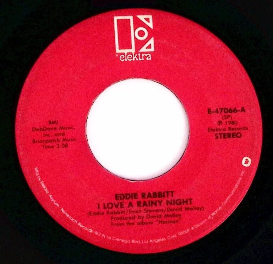 EDDIE RABBITT I LOVE A RAINY NIGHT/SHORT ROAD TO LOVE ELEKTRA VINYL 45 78-18 - Image 1 of 3