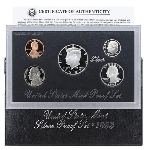 1993 US Mint Silver Proof set 90% Silver Kennedy Black box - (OGP) 5 coins Cover