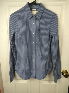 Abercrombie Fitch Woman L Short Collared Blue White Striped LS Pocket Stretch... - Picture 1 of 9