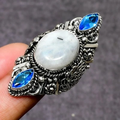 Rainbow Moonstone, Blue Topaz Gemstone Handmade Gift Jewelry Ring Size 7 Z800 - Image 1 of 3