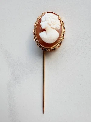 14K Vintage Solid Yellow Gold Seashell Cameo Stickpin 13/16" Cameo Marked - Image 1 of 4