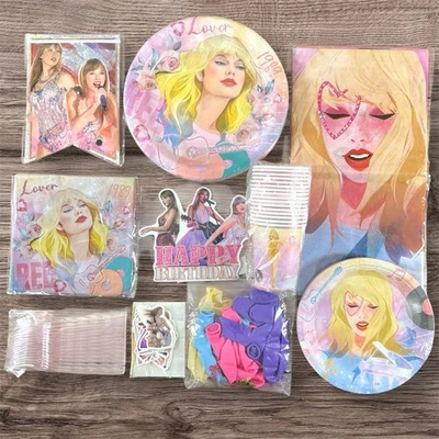 Suministros de decoración de fiesta de cumpleaños Swiftie para 16 platos de mantel servilletas taza Foto 1 de 4