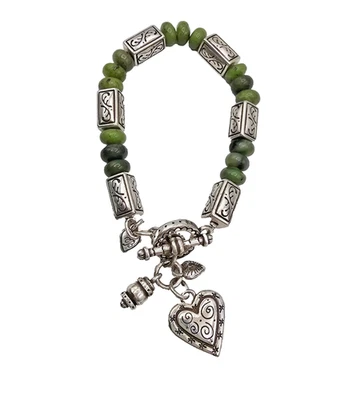 Brazalete Brighton Jade Nefrita Tono Plata Cuentas Dije Corazón Palanca 7.5" Foto 1 de 4