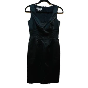 KAY UNGER Black Satin Knee Length LBD Bodycon Shift Dress Sz 4P - Picture 1 of 6