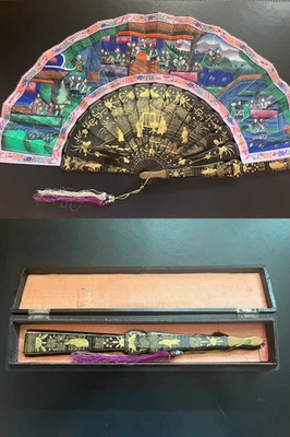 👍VENTILADOR DE PAPEL LACADO CIEN CARAS CANTÓN CHINO DEL SIGLO XIX CON CAJA 古董扇 Foto 1 de 4