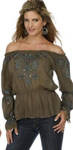 Camicetta donna top contadina Krista Lee patina spalle scoperte ricamate perline grigio - Foto 1 di 3