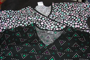 (2) Scrub Tops Uniform Shirts Medium Landau Printed Hearts Geometric Polka Dots - Picture 1 of 11